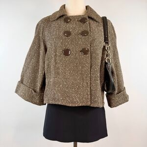 Vintage Brown Cropped Boxy Double Breasted Peacoat 3/4 Sleeves Boho Lagenlook M